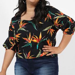 Instafab Plus Plus Size Floral Printed Puff Sleeves Cotton Top-picture-0