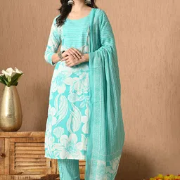 Anouk Floral Printed Round Neck Pure Cotton Straight Kurta with Trousers & Dupatta-image-79