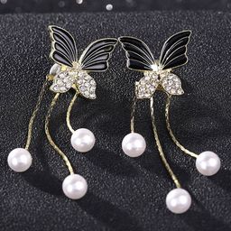KRENOZ Gold-Plated Pearls Beaded & Rhinestone Studded Butterfly Shaped Drop Earrings-29