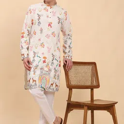 Pro-Ethic STYLE DEVELOPER Men Floral Printed Angrakha Sequinned Pure Cotton Kurta with Pyjamas-picture-1
