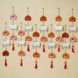 eCraftIndia White & Red 10 Pieces Lotus Cow & Beads Tassel Decorative Hangings-image-71