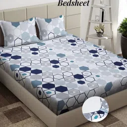 Arrabi White & Blue Geometric Printed 310 TC King Bedsheet Set-2.54 m x 2.18 m-image-87