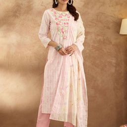 Indo Era Women Floral Embroidered Thread Work Pure Cotton Kurta with Trousers & Dupatta-55
