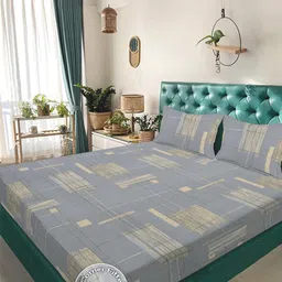 KLOTTHE Grey & Gold-Toned Geometric Printed Fitted 300 TC King Bedsheet & 2 Pillow Covers-picture-7