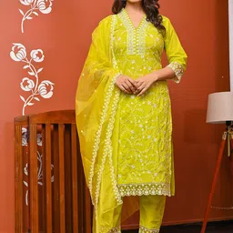 Anouk Floral Embroidered V-Neck Pure Cotton Thread Work Kurta With Trousers & Dupatta-picture-32