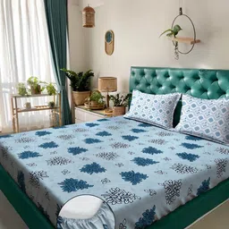 KLOTTHE Blue Floral 400 TC Pure Cotton Fitted Double Bedsheet-image-86