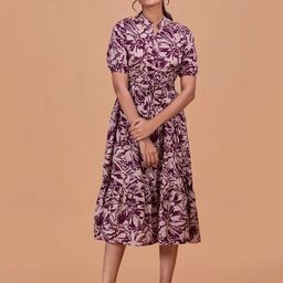 all about you Women Floral Print Mandarin Collar Puff Sleeve Midi A-Line Dress-image-46