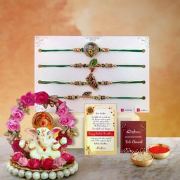eCraftIndia Set of 5 Designer Rakhis With Lord Ganesha Idol Gift Set-image-11