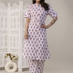 Angvarnika Ethnic Motifs Printed Mandarin Collar Pure Cotton Kurta With Trousers-image-48