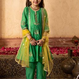 pspeaches Girls Embroidered Regular Chanderi Cotton Kurta with Trousers & With Dupatta-image-28