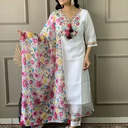 KALINI Floral Embroidered V-Neck Chanderi Zari Work Straight Kurta With Trousers & Dupatta-image-41