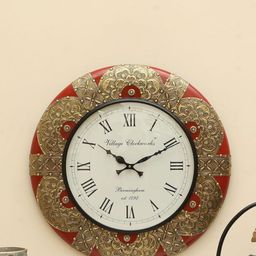 vedas C-Loop White & Gold-Toned Round Shaped Wooden Heritage Polished Wall Clock-image-3