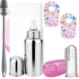 Steel Baby Feeding Bottle with Cleaning Brush, Finger Toothbrush & Bib 1 - 240 ml-image-13