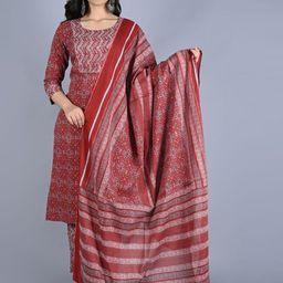 KALINI Women Printed Regular Thread Work Pure Cotton Kurta with Trousers & With Dupatta-7