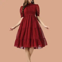WOWNOON Women Polka Dots Embroidered Tiered Georgette Fit & Flare Midi Dress-15