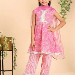Cutiekins Girls Floral Printed V-Neck Sleeveless A-Line Kurta With Palazzo & Dupatta-image-11
