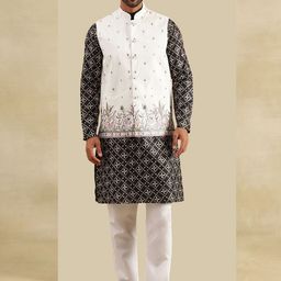 SOJANYA Embroidered Band Collar Cotton Silk Straight Kurta With Pyjama & Nehru Jacket-picture-46