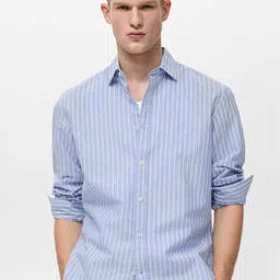 MANGO MAN Cotton Linen Striped Casual Shirt-image-41