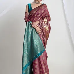 Janasya Ethnic Motifs Zari Silk Blend Banarasi Saree-image-85