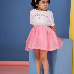 Budding Bees Girls Round Neck Sequinned Pure Cotton Top With Skirt-58
