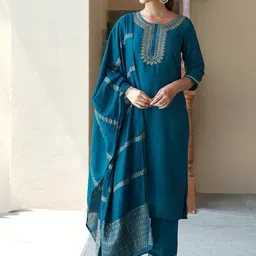 SANISA Women Ethnic Motifs Yoke Design Regular Thread Work Kurta with Trousers & With Dupatta-17