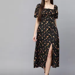 BAESD Floral Printed Square Neck Puff Sleeve A-Line Midi Dress With Front Slit-image-16