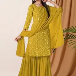 PARROT CREATION Geometric Embroidered Georgette Straight Kurta With Sharara & Dupatta-image-20