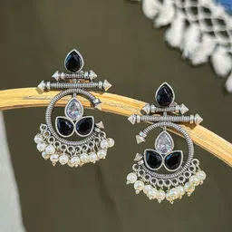 NAMAN ARTS Silver-Plated Artificial Studded & Beaded Contemporary Drop Earrings-image-60
