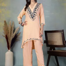 Shine N Sober Women Floral Embroidered Regular Aari Work Kurta with Palazzos-picture-16