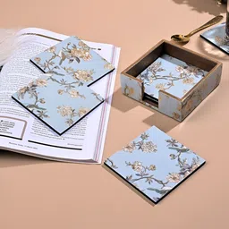 Storepedia 6 Pieces Blue & Gold-Toned Floral Printed Square Wooden Coasters With Stand-35