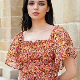 Stylecast X Slyck Floral Printed Square Neck Bell Sleeves Top-image-73