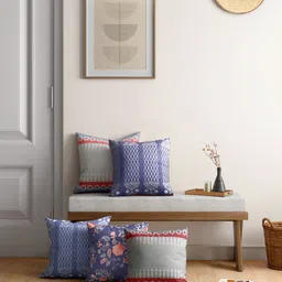 India Circus by Krsnaa Mehta Navy Blue & Grey Set of 5 Floral Velvet Square Cushion Covers-54