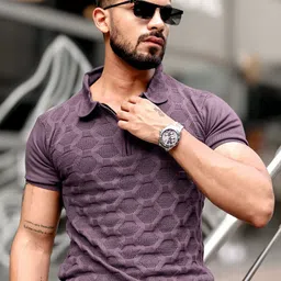 Maniac Men Self Design Polo Collar Cotton Slim Fit T-shirt-image-76