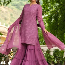 Janasya Floral Embroidered Notch Neck Sequinned Georgette Kurta with Sharara & Dupatta-14