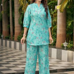 NAINVISH Printed Mandarin Collar Neck Three-Quarter Sleeves Top With Palazzo-image-49