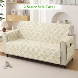 HOKIPO Cream-Coloured & White 2 Seater Printed Quilted Sofa Cover with Pockets-image-91
