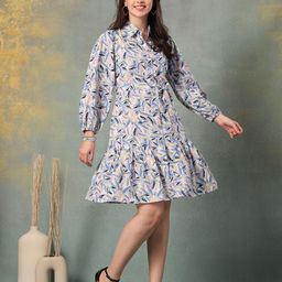 God Bless Women Print Shirt Collar Puff Sleeve Fit & Flare Midi Dress-image-88