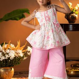 VASTRAMAY Girls Floral Printed Pleated Pure Cotton Kurta with Palazzos-picture-42