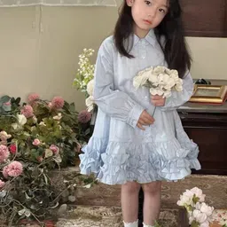 StyleCast x Revolte Girls Solid Shirt Collar Ruffles Cotton A-Line Dress-42