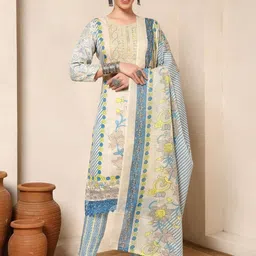Nehamta Floral Round Neck Sequinned Pure Cotton Straight Kurta With Trousers & Dupatta-image-0