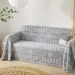 HOUSE OF QUIRK Grey & White Printed Triple Seater Sofa Mat Cover With Arms-51