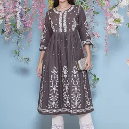 LABEL KASHI Women Floral Embroidered Pure Cotton A-line Kurta Set-picture-24