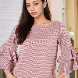 Slenor Checked Ruffled Sleeves Crepe Top-image-57
