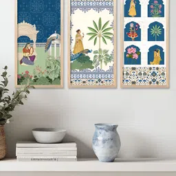 WALLLANE Navy Blue & White 3 Pieces Floral and Botanical Wooden Wall Paintings-2