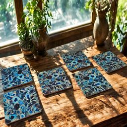 THE HOME CO. Set Of 6 Blue Printed Enamel Square Wooden Coasters-80