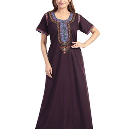 NIGHT QUEEN Women Ethnic Motifs Embroidered Round Neck Maxi Nightdress-image-84