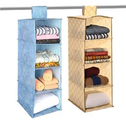 Aura Blue & Cream Colored 2 Pieces Printed Foldable 4 Shelf Hanging Closet Organisers-48