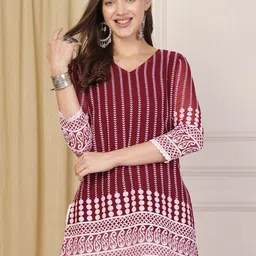 AKIMIA Embroidered V-Neck Pure Georgette Thread Work Kurti-picture-57