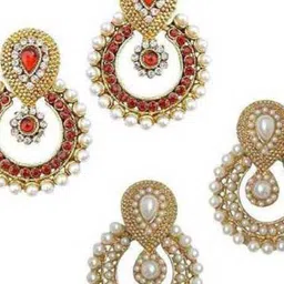 ANIKAS CREATION Set Of 2 Gold-Plated Stones & Beaded Circular Shaped Drop Earrings image 2