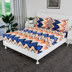 Aura Blue & White Geometric 144 TC Bedsheet with 2 Pillow Covers-picture-1